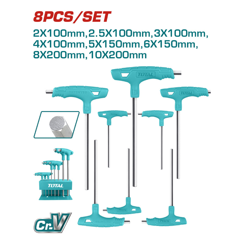 Juego de llaves Hexagonales con mango T de 8 piezas.  Cr-V, Tratamiento térmico y placa de cromo.