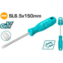 Destornillador plano 40 Cr, mango redondo. Ranura: 6 mm. Diámetro: 6 mm. Longitud: 150 mm