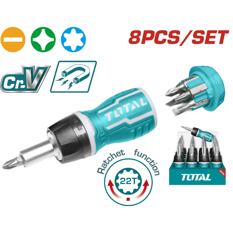 Destornillador Ratchet 8 pzs. (Mango ergonómico.25 mm. SL5,SL6,PH0,PH1,PH2,T10,T20)