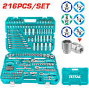 Sockets dados ratched 216 piezas variadas en maletín. (Llaves, barras, adaptador, mangos) en juego kit 1/4", 3/8" y 1/2"