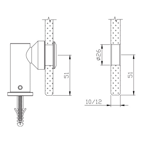 Conector economico Muro vidrio. 304 satin. 52 mm Perfor. 26 mm