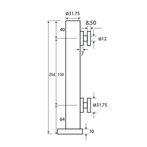 Soporte vertical para barandas de vidrio 254 alto tubo 31.75mmx3mm espesor perforaciones 12mm.