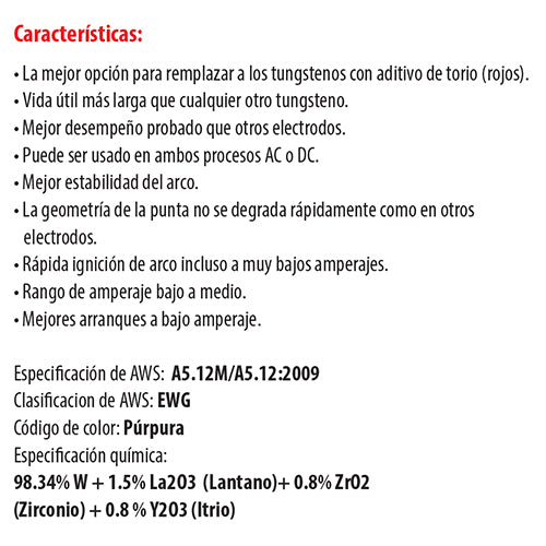 1.6mm(1/16")Tungsteno E3 purpura(no radioactivo) (Caja 10 pcs)