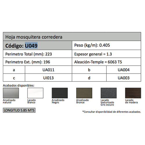 Marco Mosquitera Slim. Espesor 1.1 mm. Largo 5.85 mts. Acabado Anodizado Bronze 15 Micron