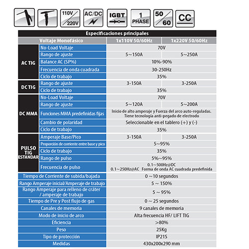 Maquina de soldar Digital Tig AC/DC alta frecue y electrodo 110/220V  Heavy duty DIGI-TIG250AC/DC