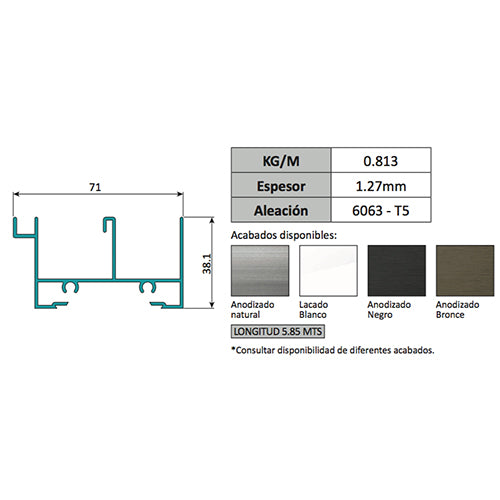 Marco Superior Ventana VC mosquitero. Espesor 1.27 mm Largo 5.85 mts. Acabado Anod Negro VC124