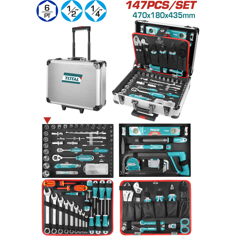 Juego de herramientas de 147 piezas en maletín de aluminio.