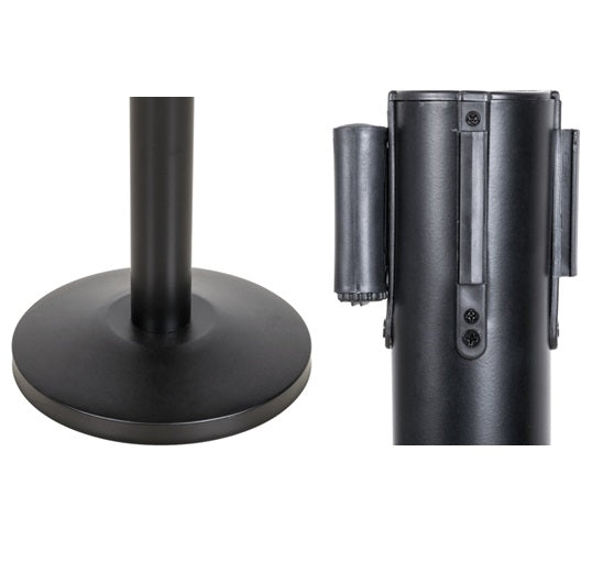 Poste separador para control de filas color negro cinta negra retractil de 2 mt(SE VENDE POR UNIDAD)