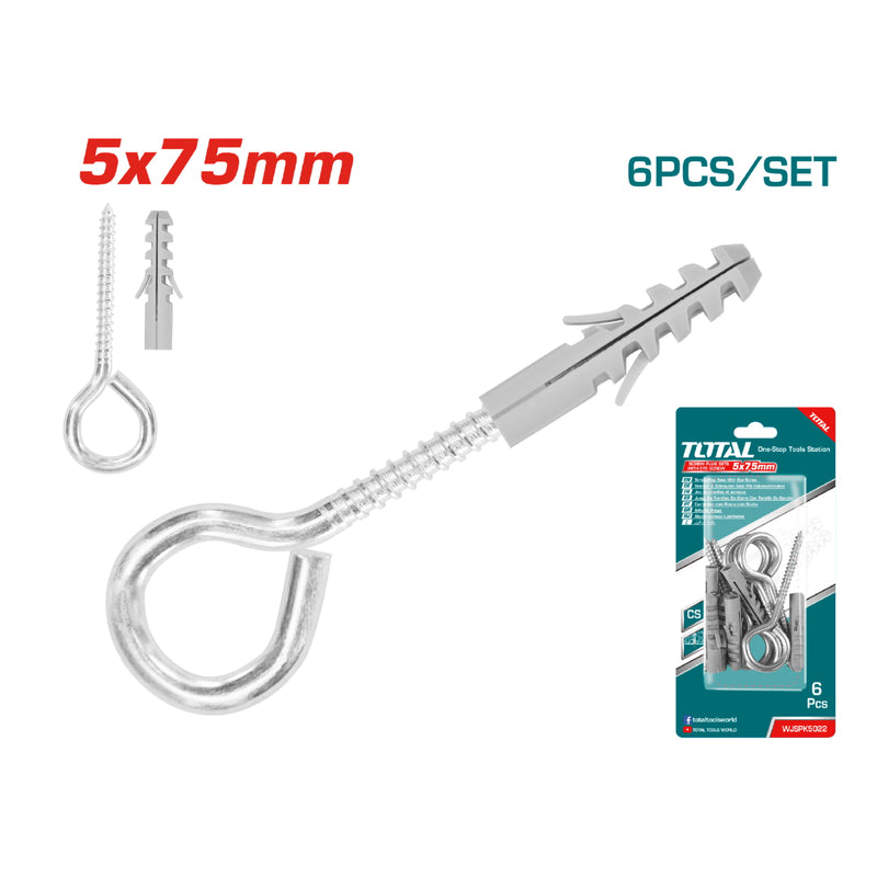 6 pza/ Juego tornillo de aro  5mm  y taco 8x40 mm. Galvanizado.