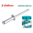 300/pza Remache 3.2x8mm. De extremo abierto . Aluminio.
