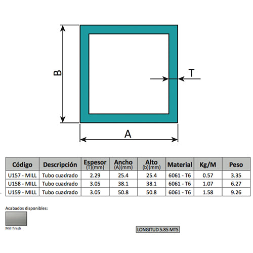 Perfiles de Aluminio Cuadrado 1". Espesor 2.29 mm Largo 5.85 mts. Material 6061-T6. Acabado Mill.