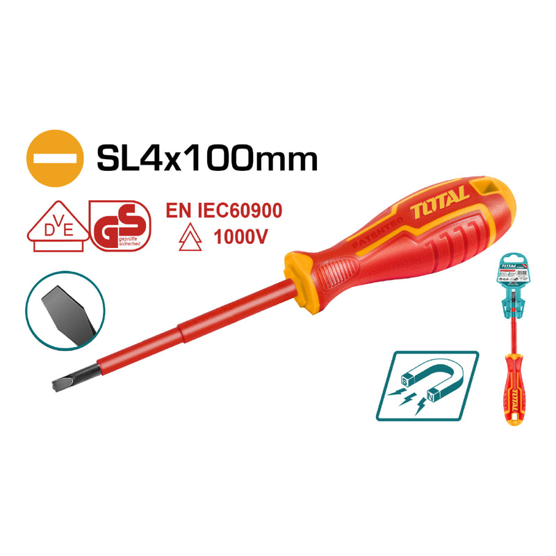 Destornillador insulado de paleta 4.0 mm. Largo 100 mm. Cr-V. 1000volts. Certificado VDE
