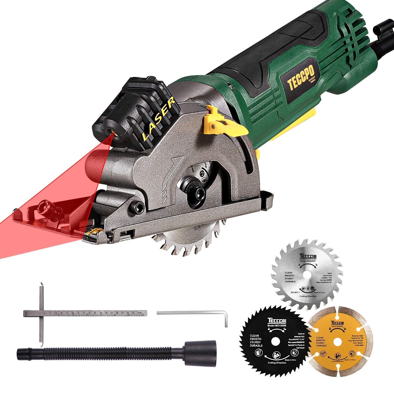 Mini sierra circular compacta 3-3/8" con guía láser, 3 hojas de sierra.