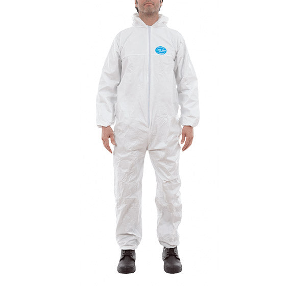 Overol protección completa de cuerpo talla L. color blanco desechable. Triple capa, con capucha.