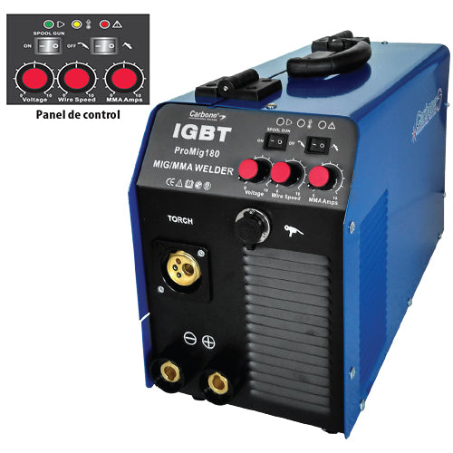 PROMIG180 Maquina de soldar MIG /Stick con/sin gas 220 Volts.Esp. max.de alambre 1.0 mm (incluye spool gun) y Antorcha MIG alemana