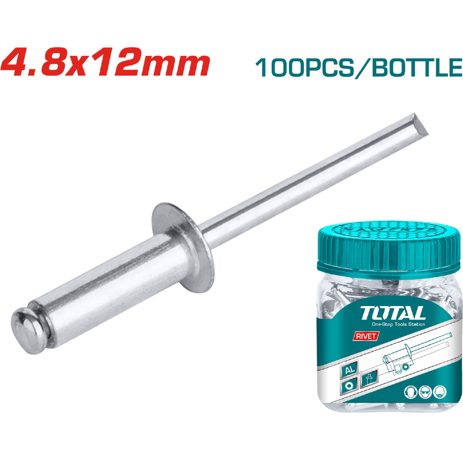 100/pza Remache 4.8x12mm. De extremo abierto . Aluminio.