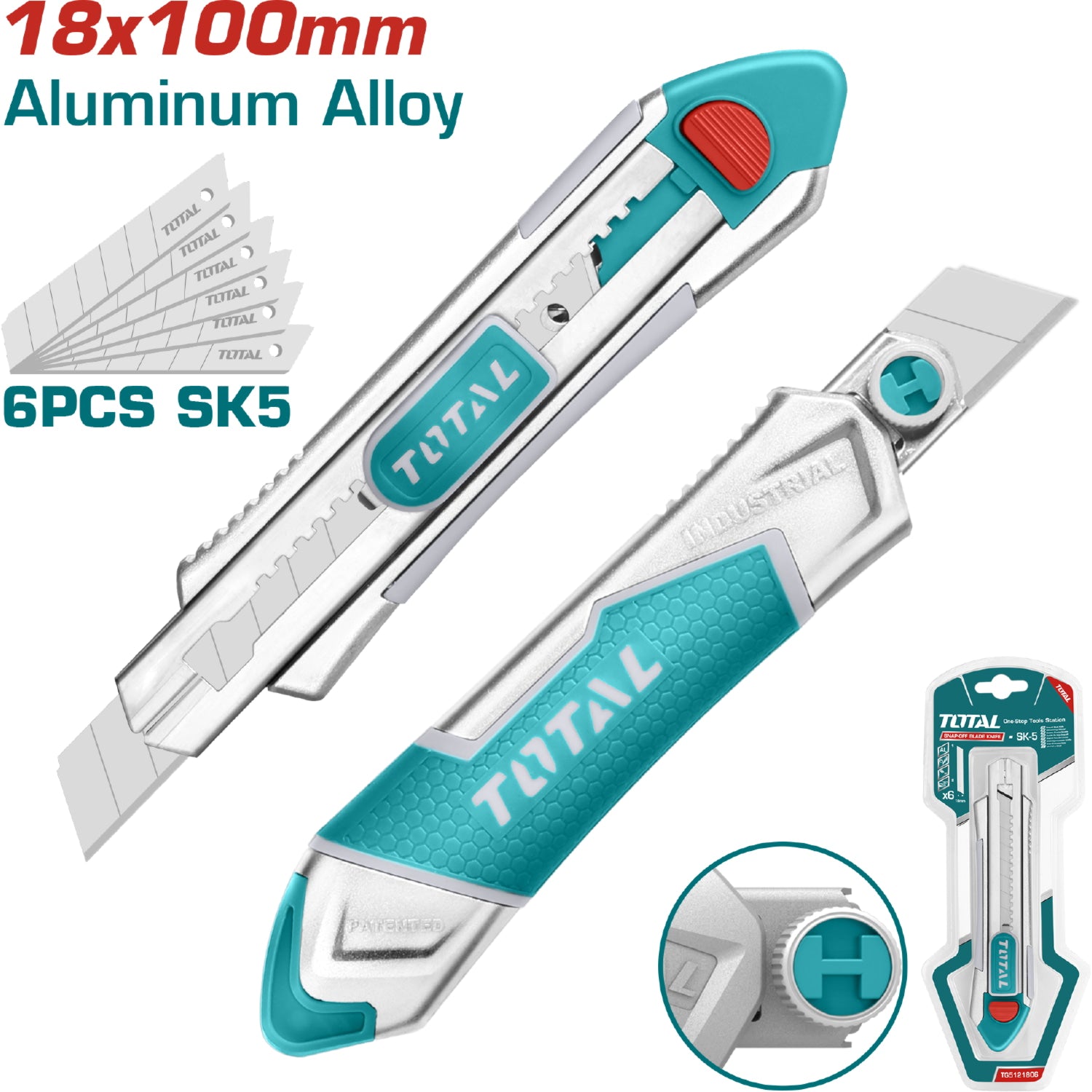 Exacto de 185 mm. Con cuchillas de 18 mm x 100 mm. SK5. Con 6 cuchillas de repuesto SK5.