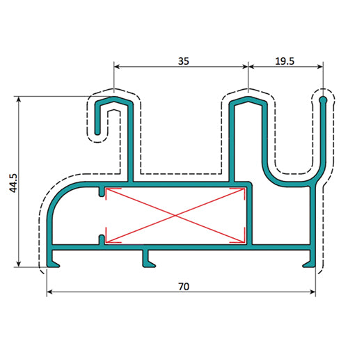 Marco Perimetral 2 Carriles 70 mm con riel mosquitero. Espesor 1.4 mm. Largo 5.85 mts. Acabado Lacad