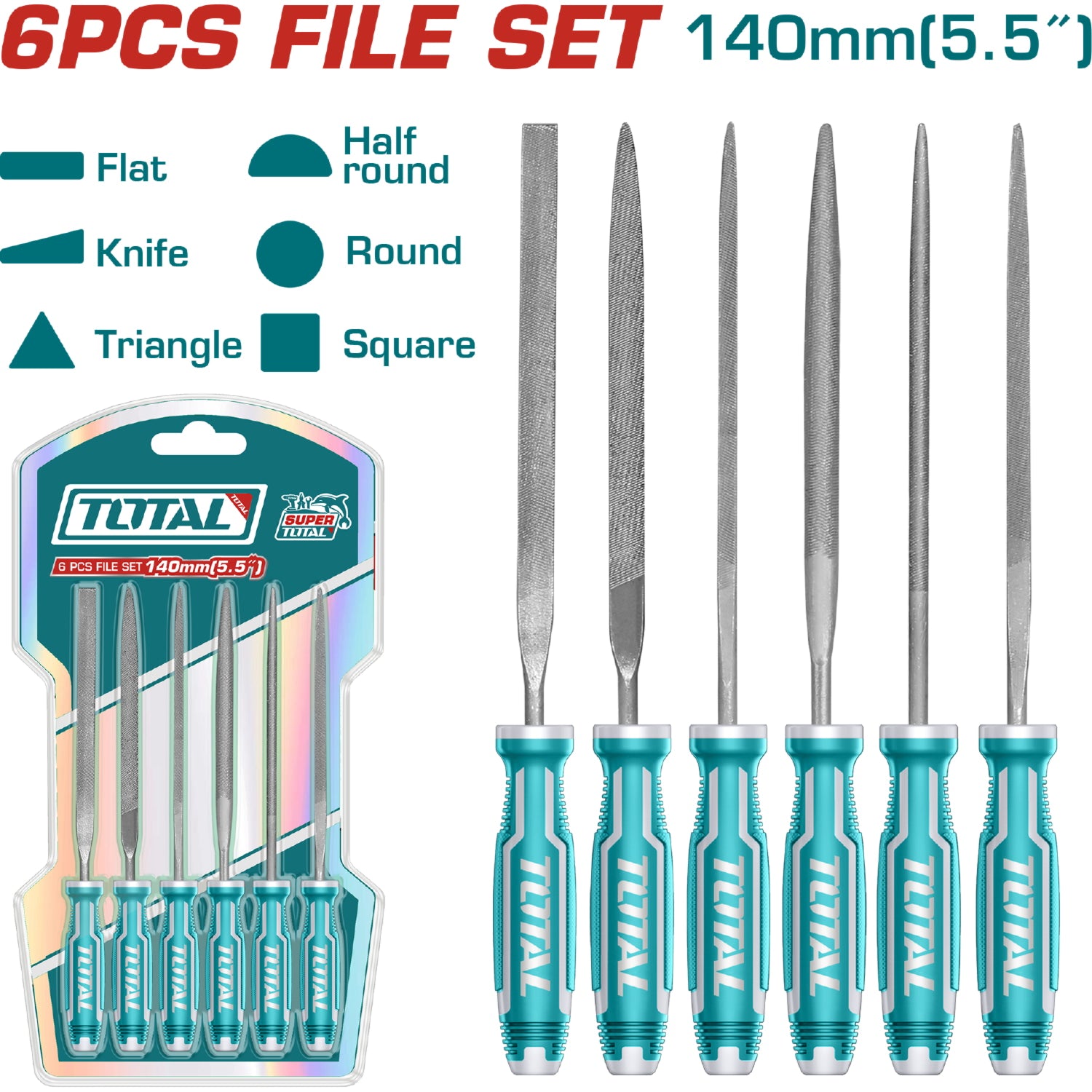 Juego de 6 limas delgadas 140x3 mm plana, redonda, media caña cuadrada triangular y conica