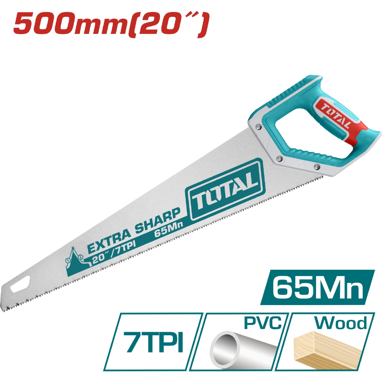 Serrucho de mano 500 mm/20". Espesor 0.9 mm, 7TPI