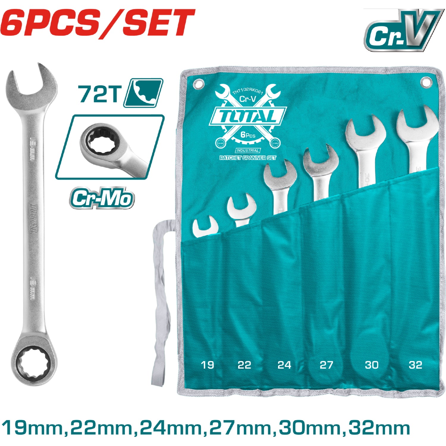 6pza juego llaves/combinacion rachet para tuercas 19,22,24,27,30,32mm. Cr-Mo72.