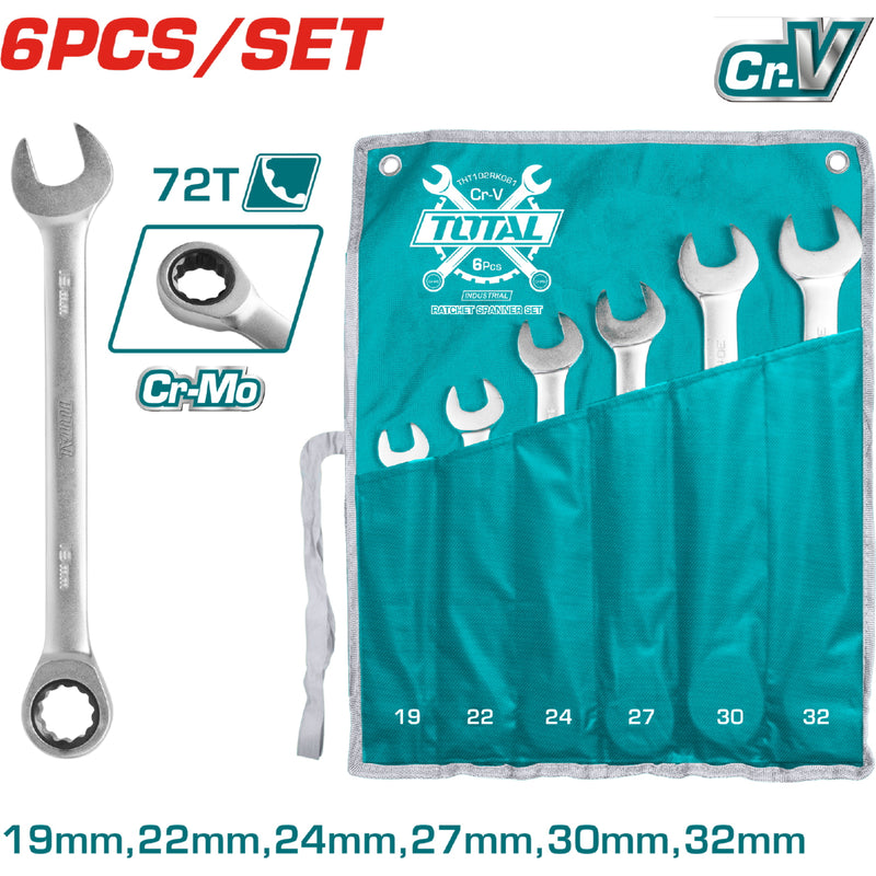 6pza juego llaves/combinacion rachet para tuercas 19,22,24,27,30,32mm. Cr-Mo72.