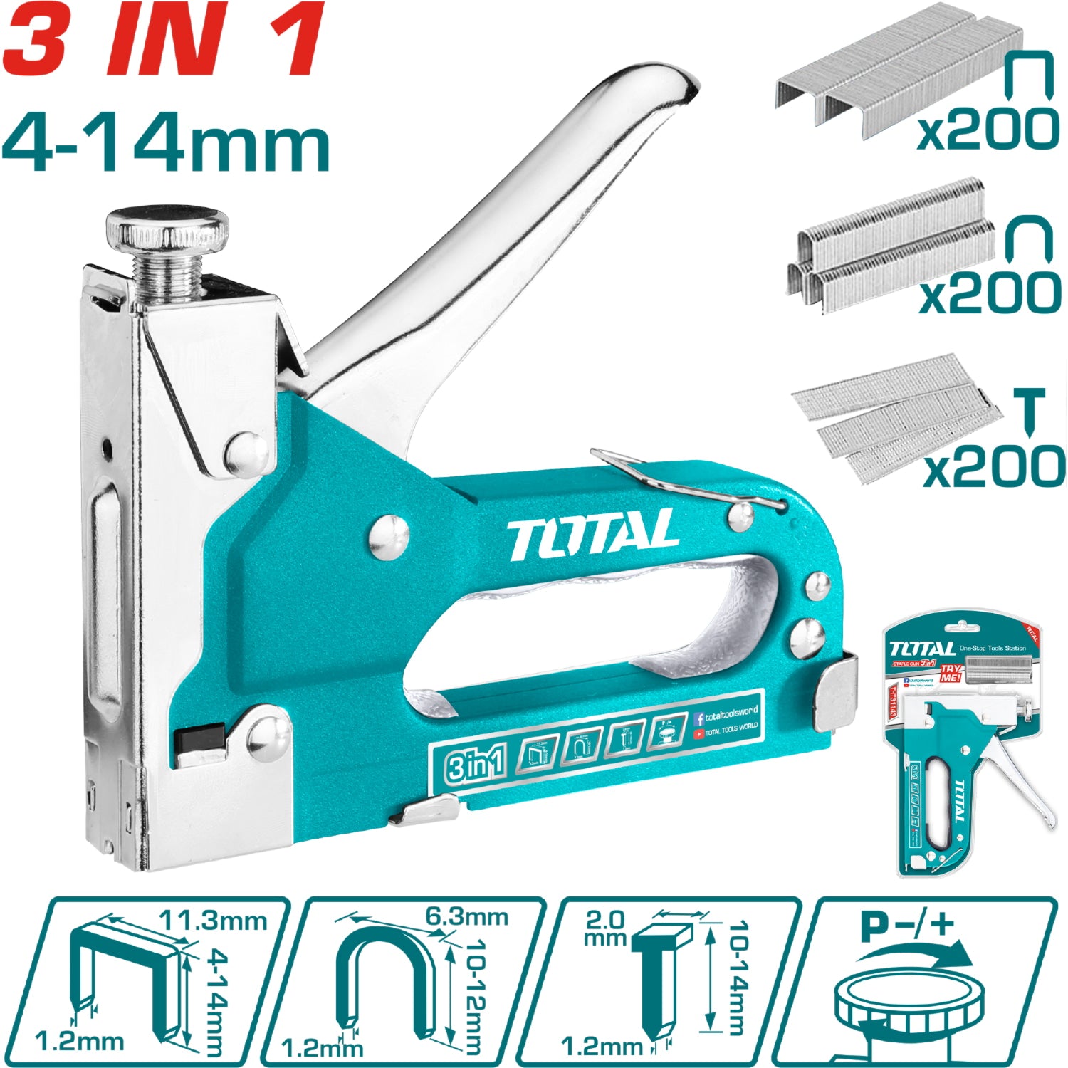 Grapadora 3 en 1 de Fuerza Ajustable. Grapas: Alambre: 1.2 mm, Corona: 11.3 mm, Longitud: 4-14mm.
