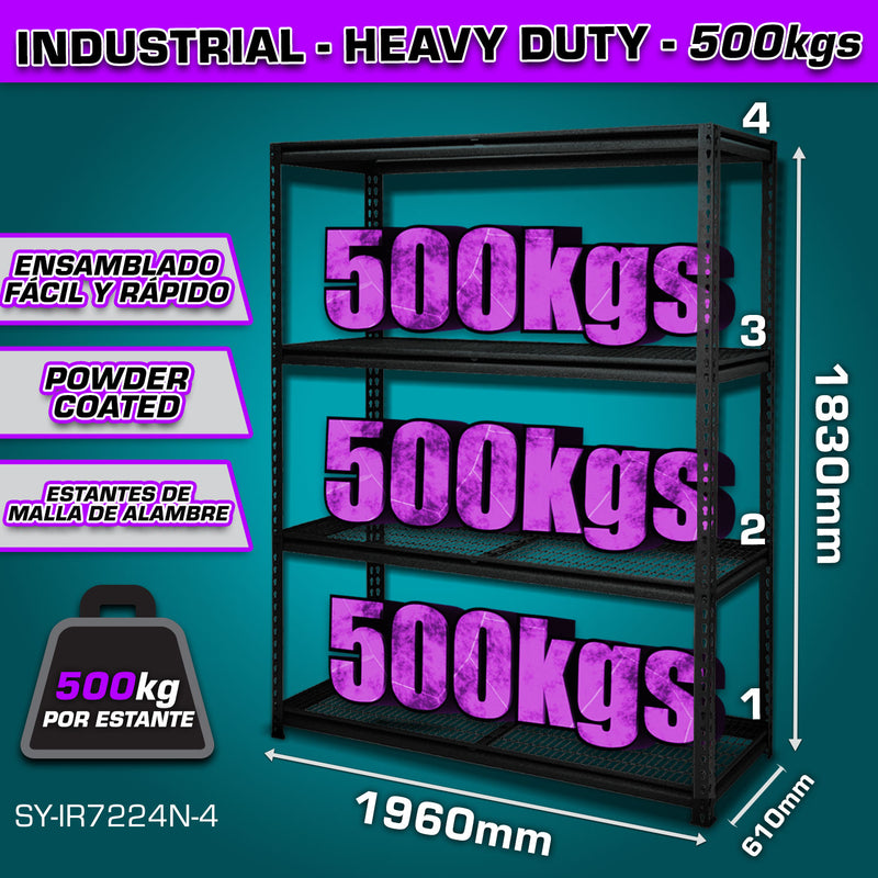 Estante de almacenamiento ajustable 4 niveles 610x1960x1830mm Carga por nivel 500Kg Estanteria Arma rápido Rack