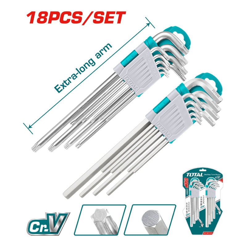 Juego de 18 llaves L Hex y Torx. extra Largas . CR-V. 9 pcs hex 1.5-10mm y 9 torx T10-T50