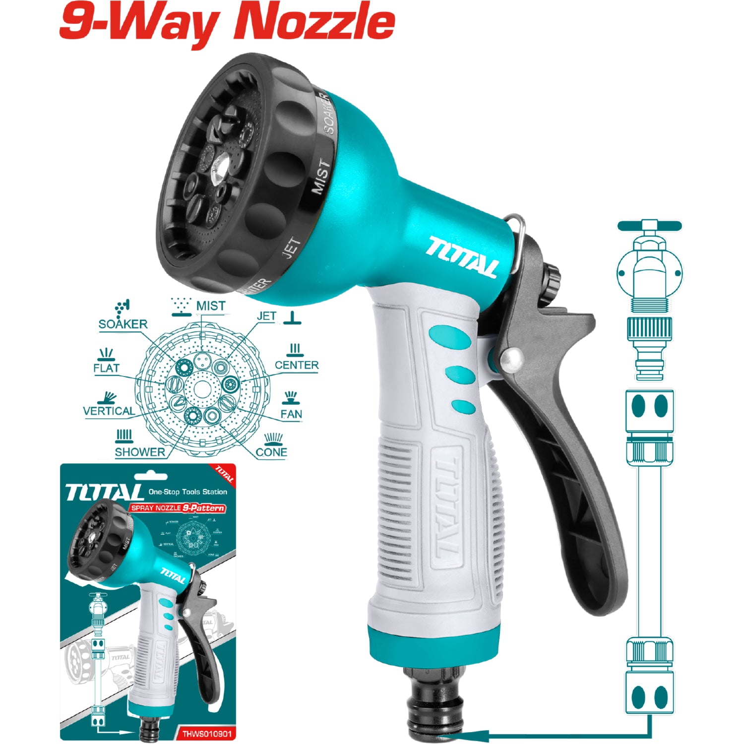 Pistola Boquilla de Agua de plástico Ajustable a 9 maneras diferentes de salida del agua.