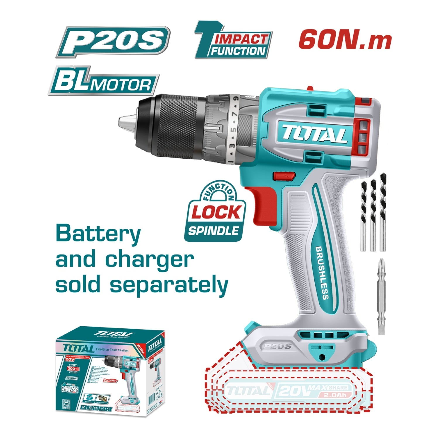 Drill Taladro 1/2" inalámbrico 20v de impacto  (Sin escobillas). No incluye batería ni cargador.