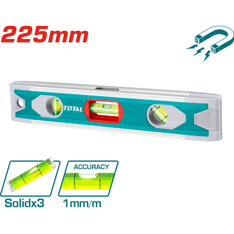 Nivel de burbuja 225mm aluminio y ABS. Con iman. Alta calidad indestructible.