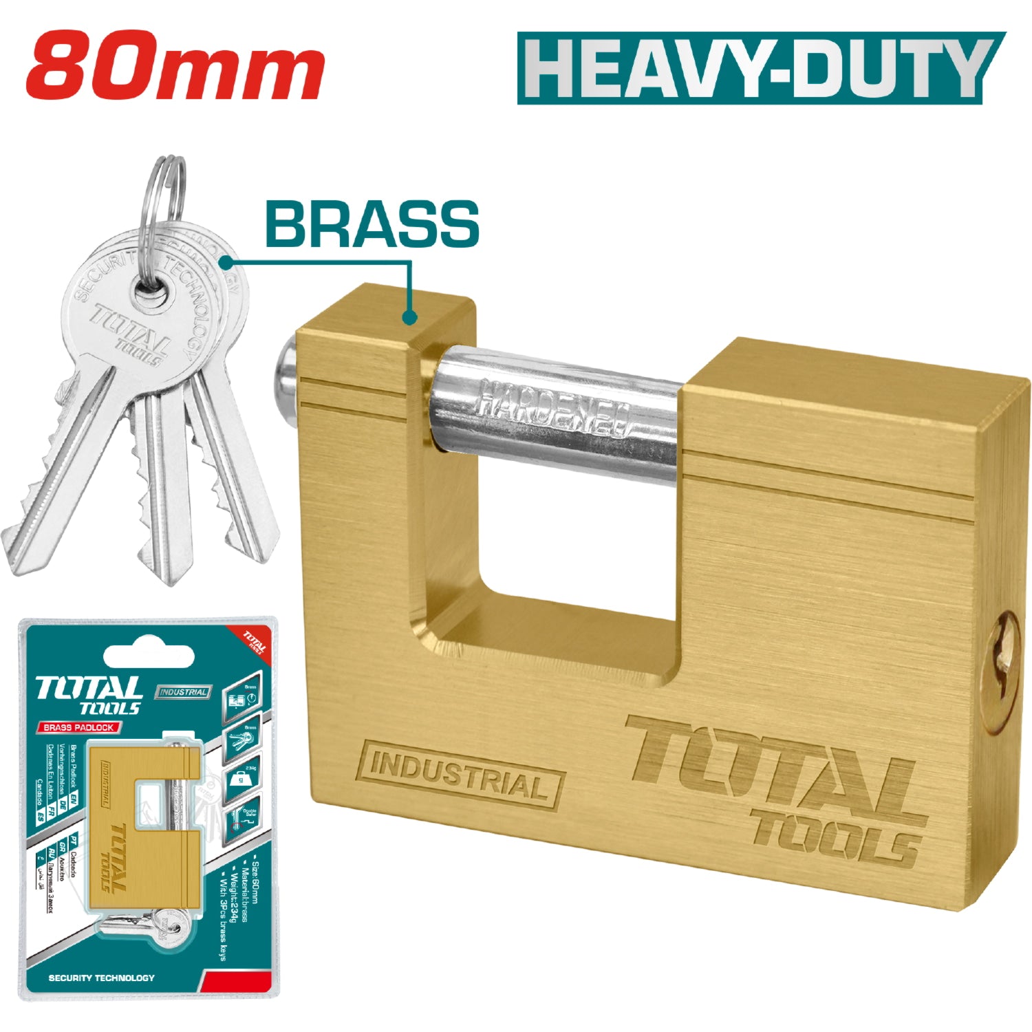 Candado bronce rectangular HeavyDuty. 80 mm. 568 g. con 3 llaves. Misma calidad que Yale