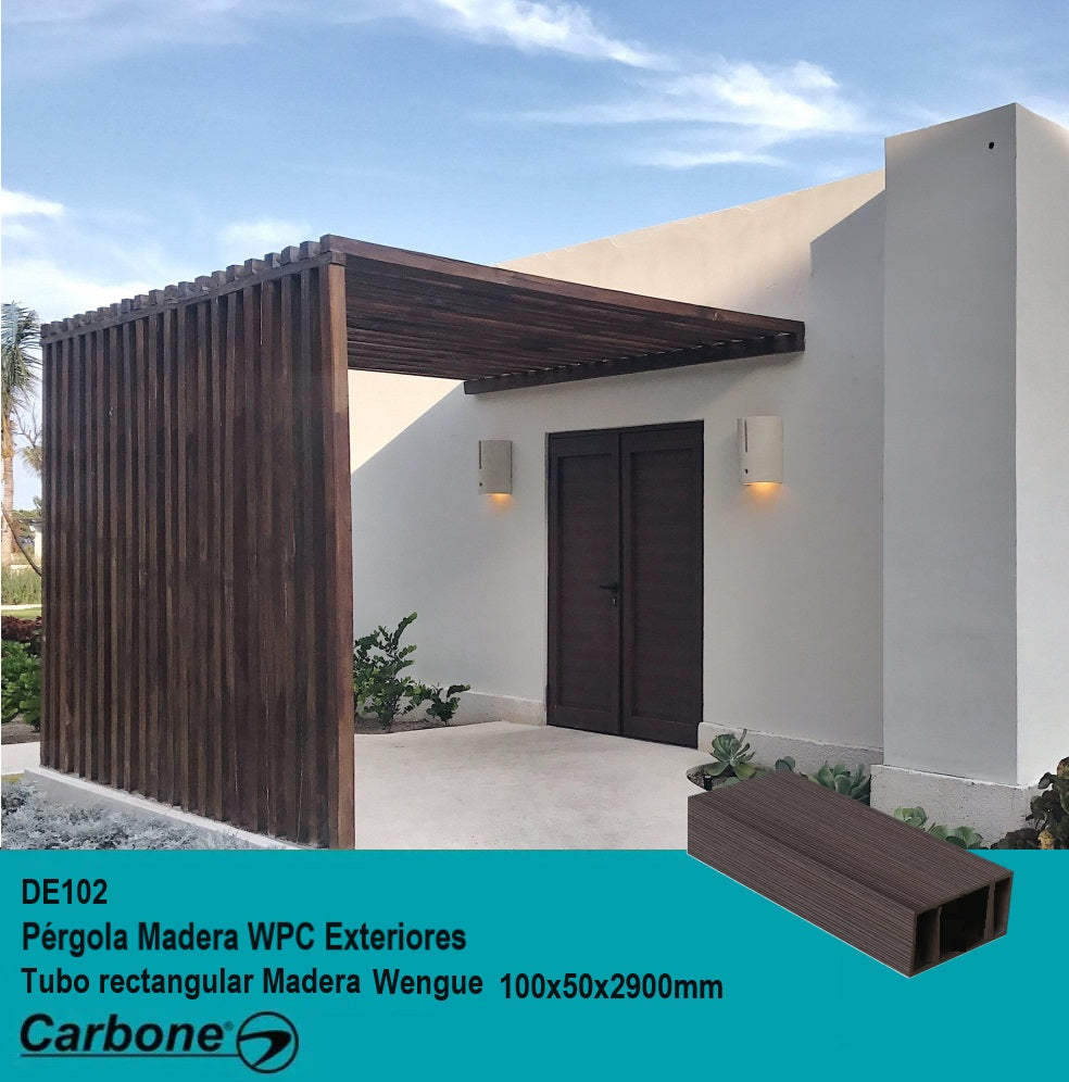 Pergola WPC Tubo Rectangular 4" x 2" Acabado Madera Wengue Exteriores 100x50x2900mm
