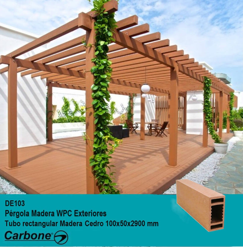 Pergola WPC Tubo Rectangular 2" x 4" Acabado Madera Cedro Exteriores 100x50x2900mm