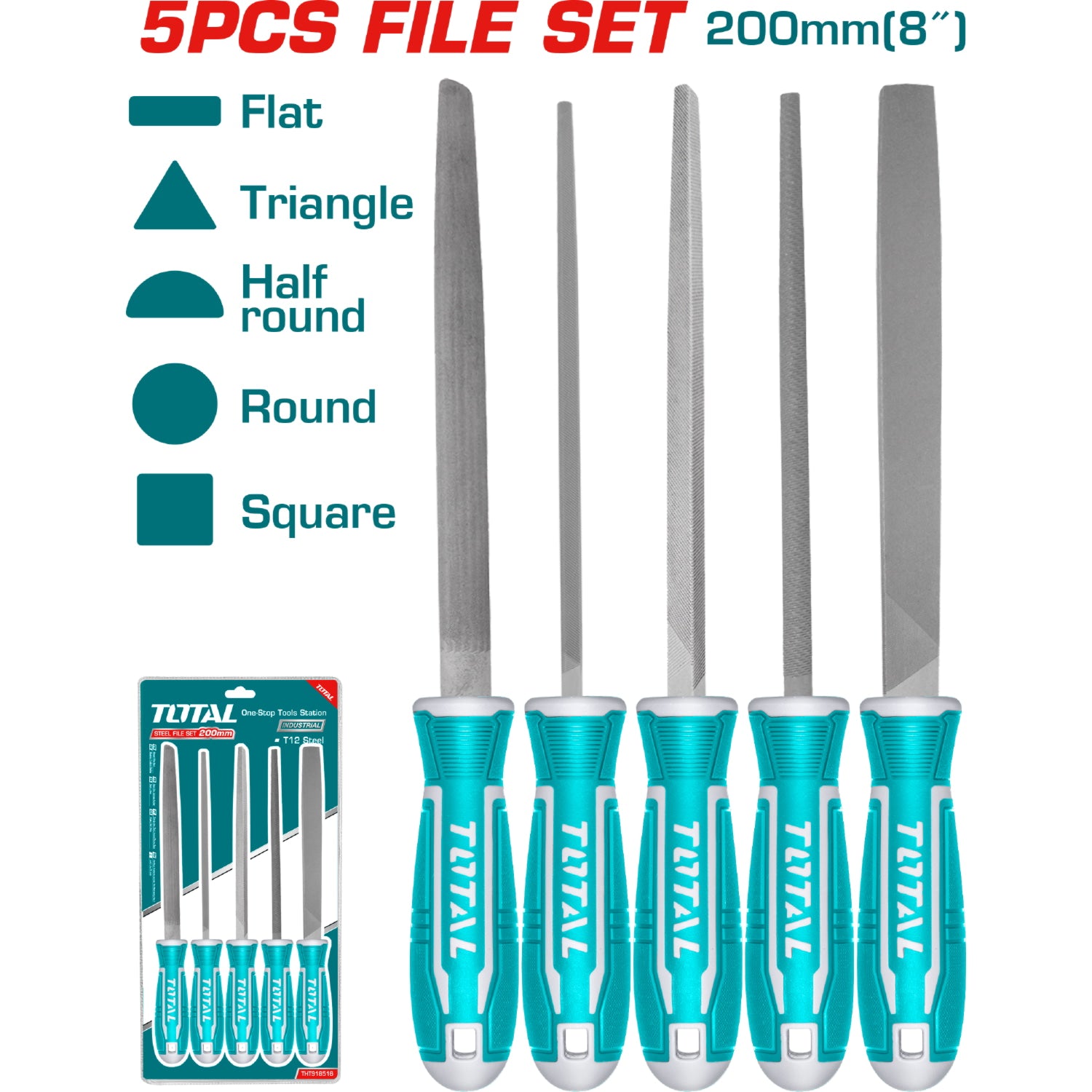 5 pcs kit de limas de acero plana, triangular, redonda, media caña, cuadrada.