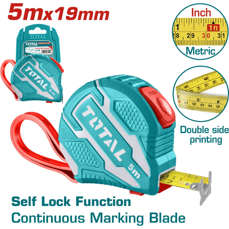 Cinta Métrica de Acero de 5 m X 19mm. Metros/Pulgadas. Con doble botón de autobloqueo.