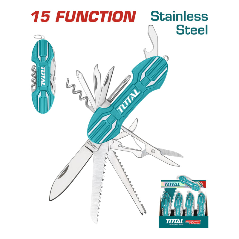 Navaja multifuncional de 15 operaciones Tijeras, serrucho, destornillador y mas, mango de aluminio