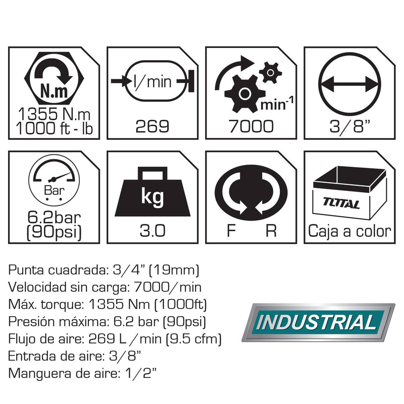 Llave de impacto neumática 3/4" No-load speed:7000 rpm Max.torque:1355Nm(1000ft) (1 año)