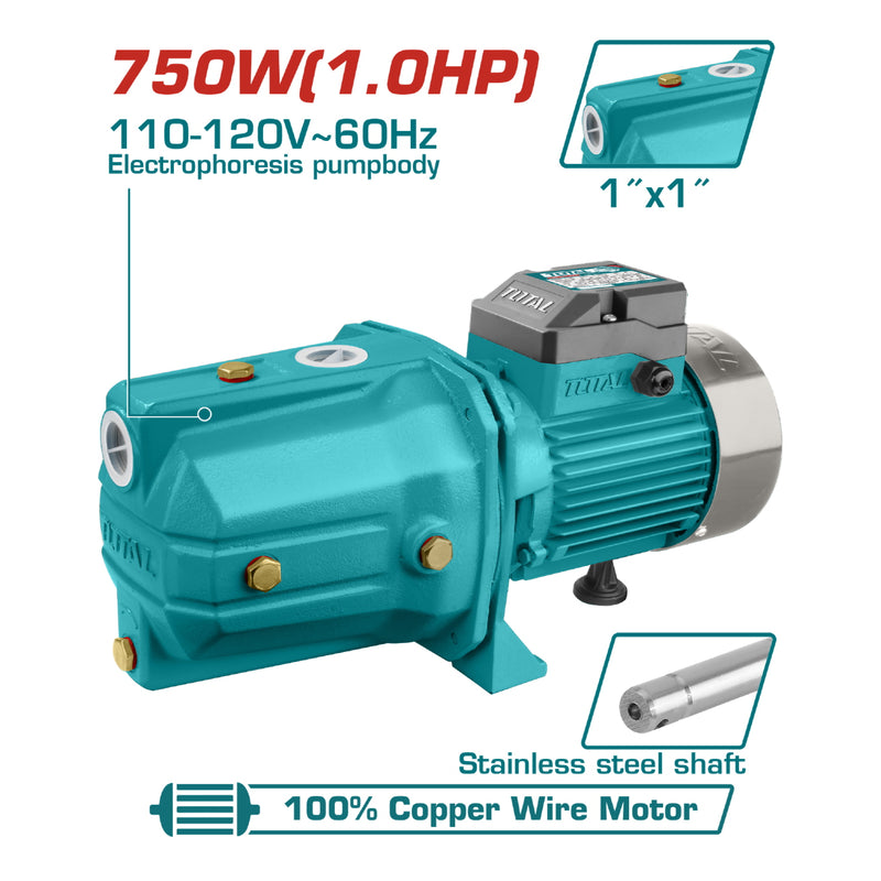 Bomba jet de agua, injeccion 1HP 51M 55L/min succion 9M coneccion 1" impeler cobre (1 año) 110-120V~