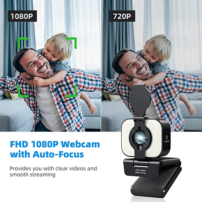 Cámara web HD 1080P con enfoque automático, anillo de luz, protector de privacidad y trípode