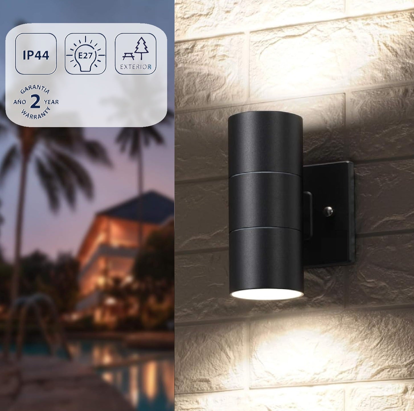 Lámpara de Pared Exterior 26 cm Negra 2xE27 PAR30 Iluminación Funcional y Decorativa. Luminaria
