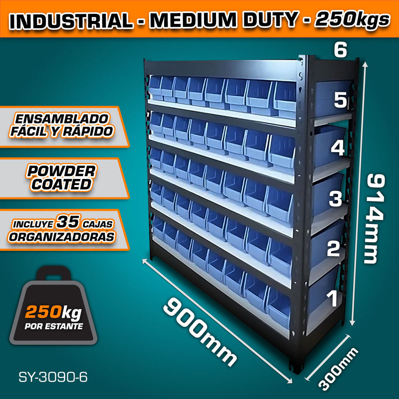 Estante de almacenamiento ajustable 6 niveles con 35 cajas de almacenamiento.300x900x914mm Carga por nivel 250Kg Estanteria Arma rápido Rack