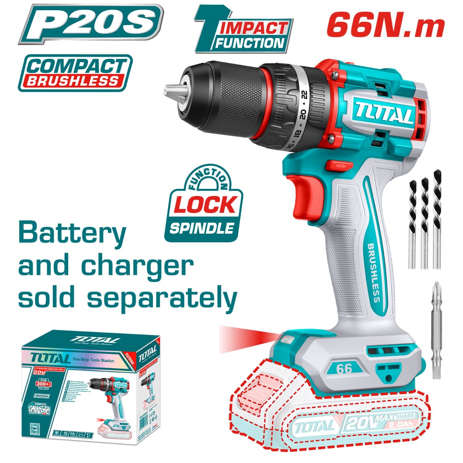 Taladro Inalámbrico 20V 1/2" 66Nm Impacto. Motor Sin Escobillas No incluye batería ni cargador. Super Total