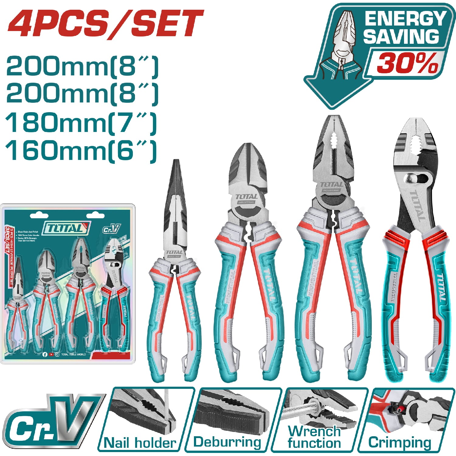Alicates de Combinacion 7", Punta larga de 6",corte diagonal de 7" Set de 4 piezas