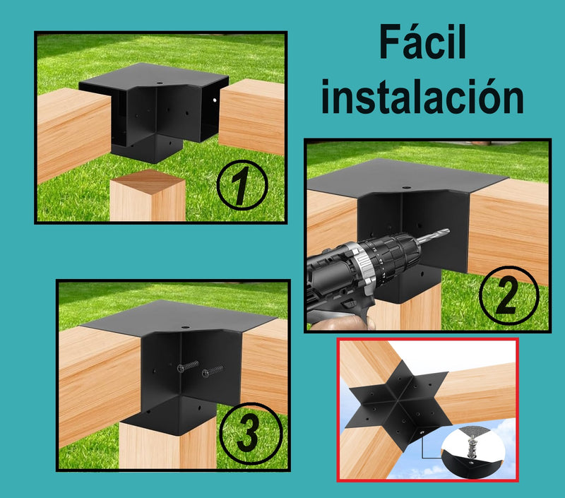 Conector Pergolas WPC exteriores Tubos Cuadrados 4"x4"x4"- 100x100x100 mm Union soporte 3 Vias para herrajes