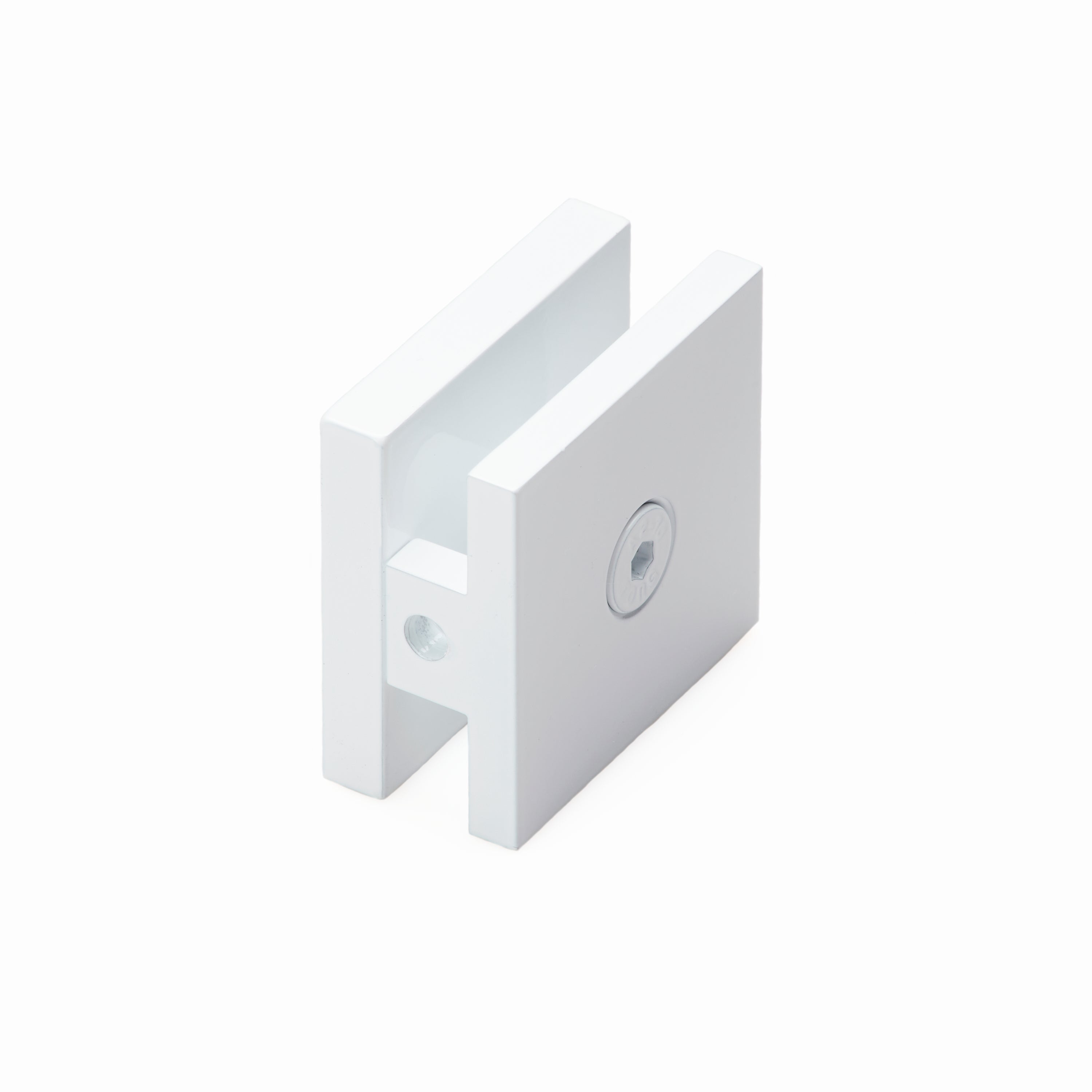Conector Muro - Vidrio. Color Blanco. Material Aluminio. Funciona para Vidrio 8-10-12 mm.