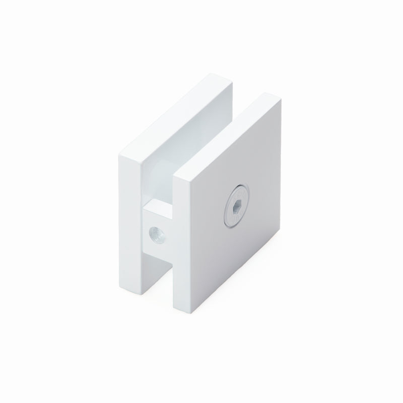 Conector Muro - Vidrio. Color Blanco. Material Aluminio. Funciona para Vidrio 8-10-12 mm.