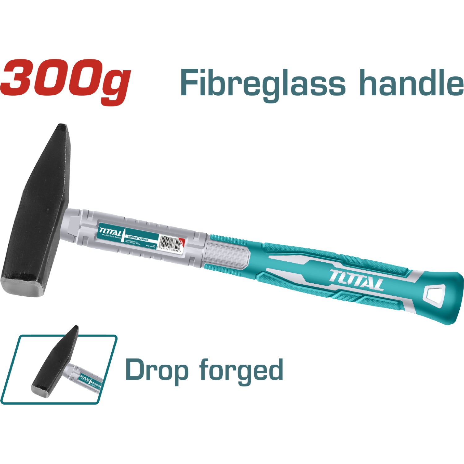 Martillo forjado,Tratamiento térmico, Acero # 45 Mango fibra vidrio. 300g.