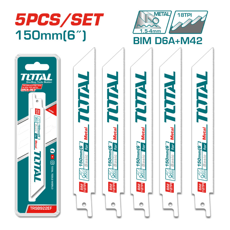 Hojas de sierra sable para metal 6" 18 TPI Set de 5 piezas.